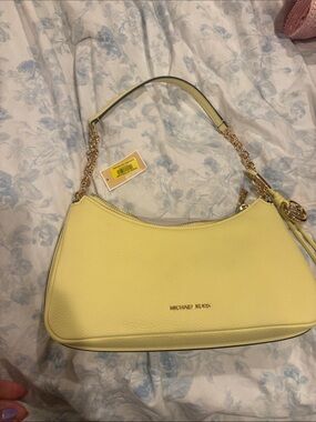 Michael Kors Pale Yellow Leather Chain-Accent Shoulder Bag